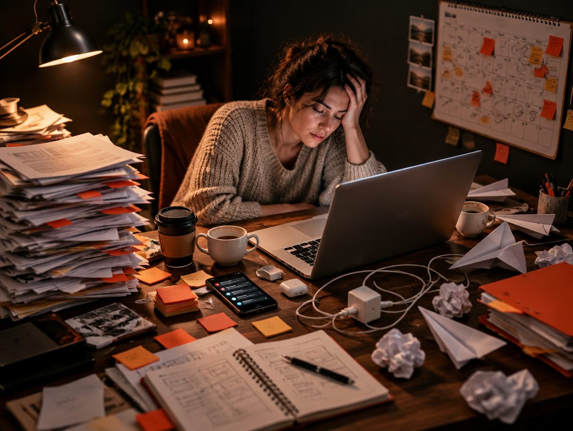 An overwhelmed entrepreneur buried under a desk full of unfinished marketing work